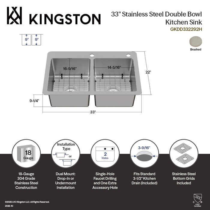 Kingston Sona GKDD332292H - Calgary 33-Inch Stainless Steel Double Bowl Dual Mount Kitchen Sink with Drain, Brushed