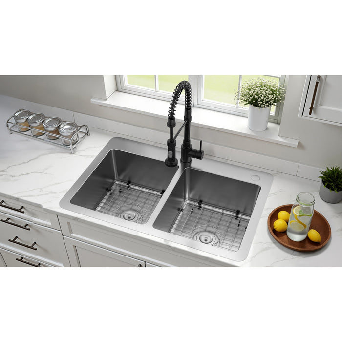 Kingston Sona GKDD332292H - Calgary 33-Inch Stainless Steel Double Bowl Dual Mount Kitchen Sink with Drain, Brushed