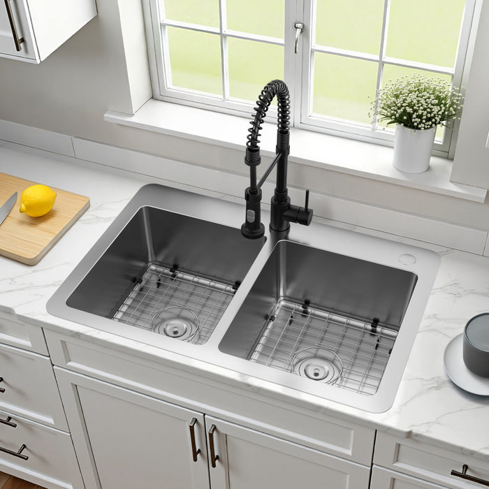 Kingston Sona GKDD332292H - Calgary 33-Inch Stainless Steel Double Bowl Dual Mount Kitchen Sink with Drain, Brushed