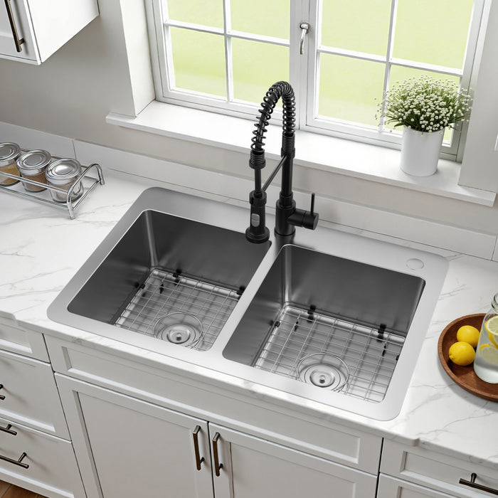 Kingston Sona GKDD332292H - Calgary 33-Inch Stainless Steel Double Bowl Dual Mount Kitchen Sink with Drain, Brushed