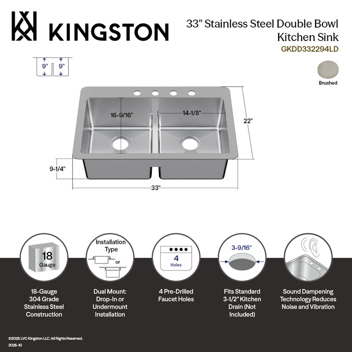 Kingston Sona GKDD332294LD - Quebec 33-Inch Stainless Steel Double Bowl Dual Mount Kitchen Sink with Drain, Brushed