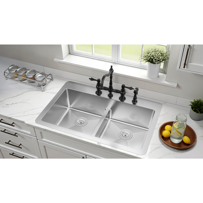 Kingston Sona GKDD332294LD - Quebec 33-Inch Stainless Steel Double Bowl Dual Mount Kitchen Sink with Drain, Brushed