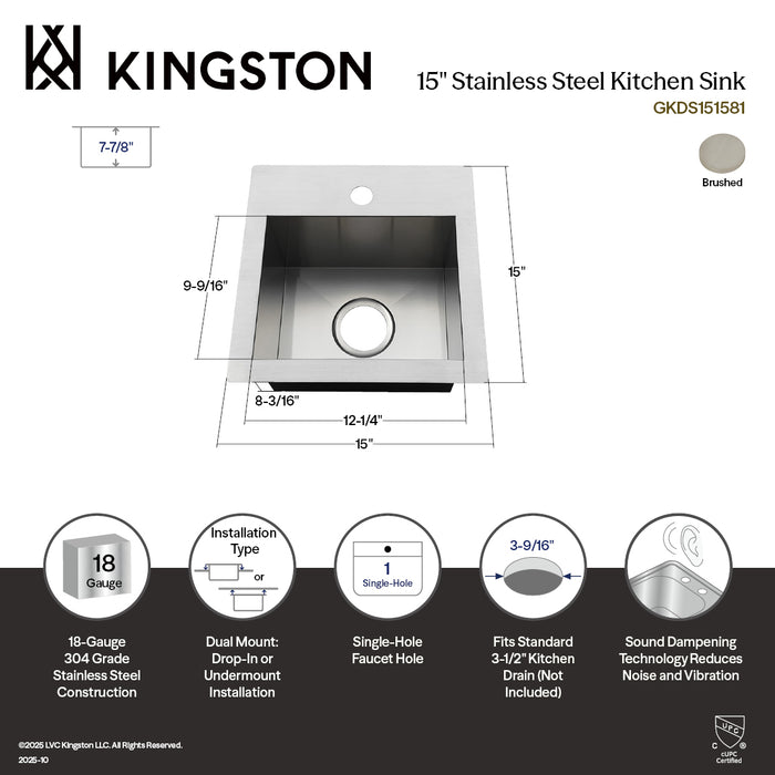 Kingston Sona GKDS151581 - Uptowne 15-Inch Stainless Steel Self-Rimming Single Bowl Dual Mount Kitchen Sink, Brushed Stainless Steel