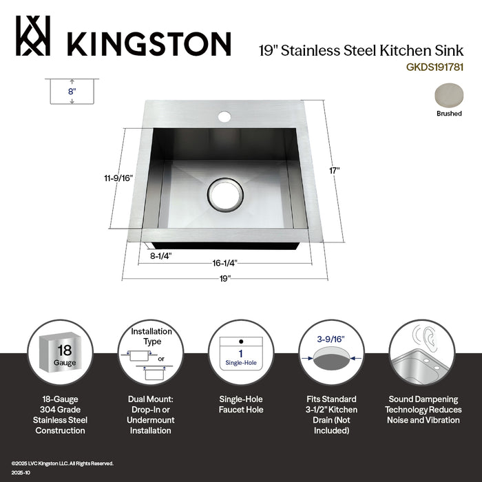 Kingston Sona GKDS191781 - Uptowne 19-Inch Stainless Steel Single Bowl Dual Mount Kitchen Sink, Brushed