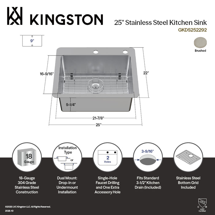 Kingston Sona GKDS252292 - Calgary 25-Inch Stainless Steel Single Bowl Dual Mount Kitchen Sink with Drain, Brushed