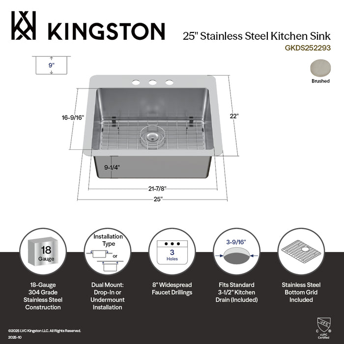 Kingston Sona GKDS252293 - Calgary 25-Inch Stainless Steel Single Bowl Dual Mount Kitchen Sink with Drain, Brushed