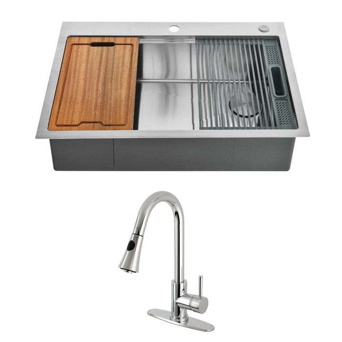 Uptowne 30-Inch Stainless Steel Single Bowl Dual Mount Kitchen Sink  with Pull-Down Kitchen Faucet and Basket Strainer, Polished Chrome