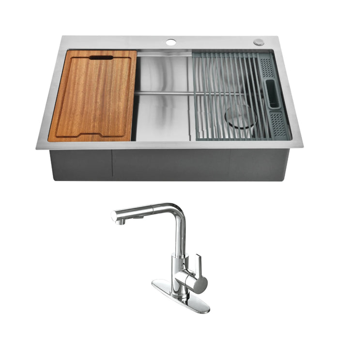 Uptowne 33-Inch Stainless Steel Single Bowl Dual Mount Kitchen Sink  with Deck Mount Pull-Out Sprayer Kitchen Faucet and Basket Strainer, Polished Chrome