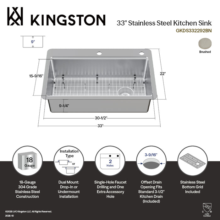 Kingston Sona GKDS332292BN - Calgary 33-Inch Stainless Steel Single Bowl Dual Mount Kitchen Sink with Drain, Brushed