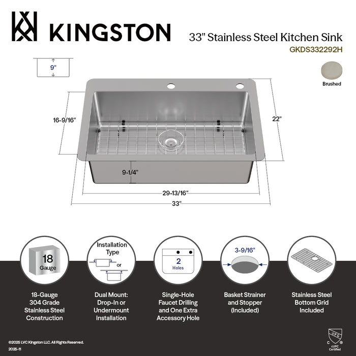 Kingston Sona GKDS332292H - Calgary 33-Inch Stainless Steel Single Bowl Dual Mount Kitchen Sink with Drain, Brushed