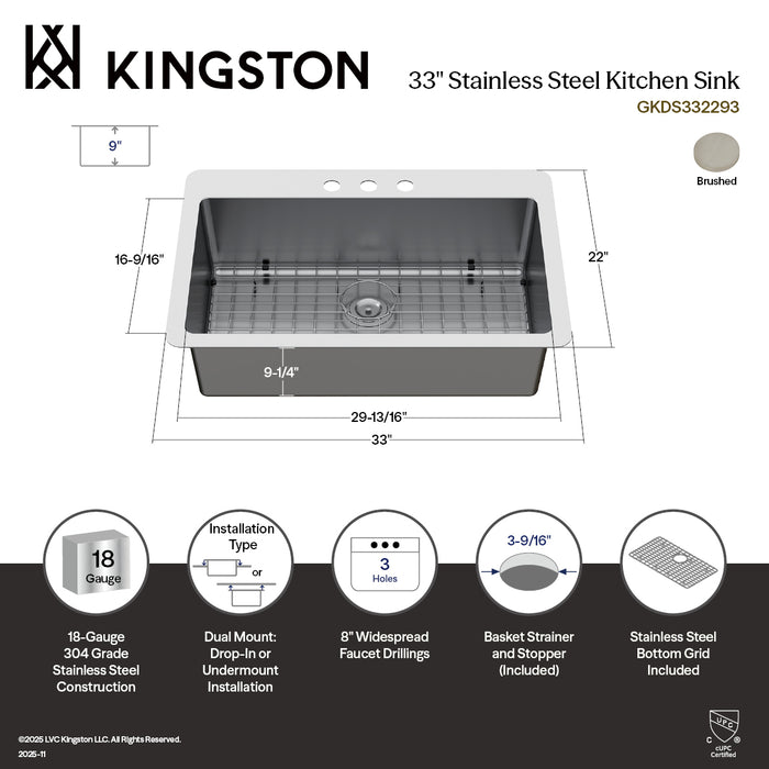 Kingston Sona GKDS332293 - Calgary 33-Inch Stainless Steel Single Bowl Dual Mount Kitchen Sink with Drain, Brushed