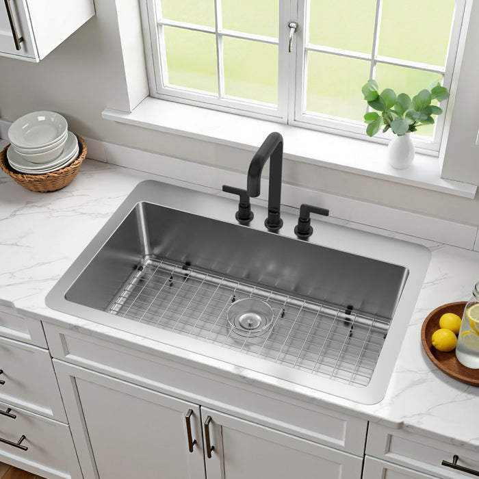 Kingston Sona GKDS332293 - Calgary 33-Inch Stainless Steel Single Bowl Dual Mount Kitchen Sink with Drain, Brushed