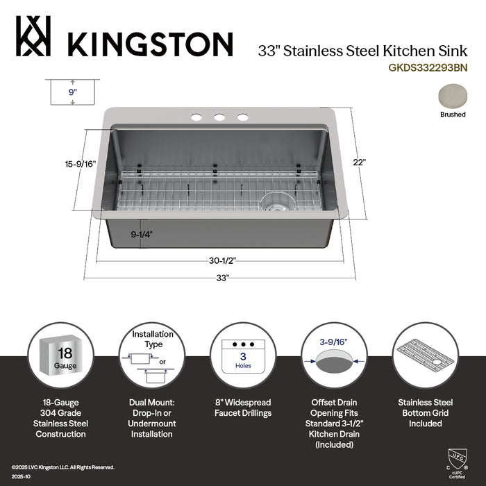 Kingston Sona GKDS332293BN - Calgary 33-Inch Stainless Steel Single Bowl Dual Mount Kitchen Sink with Drain, Brushed