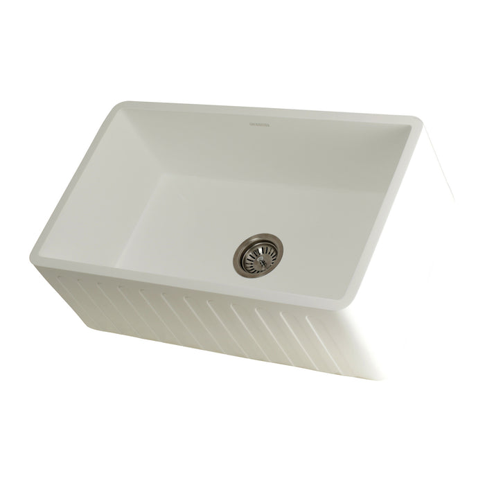 Kingston Arcticstone GKFA301810CD 30-Inch Solid Surface White Stone Apron-Front Single Bowl Farmhouse Kitchen Sink with Strainer, Matte White