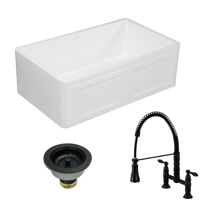 Arcticstone 30-Inch White Stone Single Bowl Farmhouse Kitchen Sink with Deck-Mount Bridge Kitchen Faucet and Basket Strainer, Matte Black