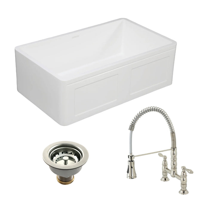 Arcticstone 30-Inch White Stone Single Bowl Farmhouse Kitchen Sink with Deck-Mount Bridge Kitchen Faucet and Basket Strainer, Polished Nickel
