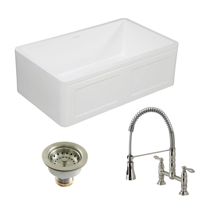 Arcticstone 30-Inch White Stone Single Bowl Farmhouse Kitchen Sink with Deck-Mount Bridge Kitchen Faucet and Basket Strainer, Brushed Nickel