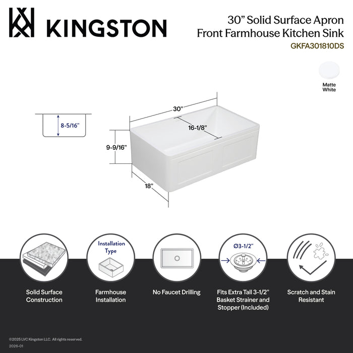 Kingston Arcticstone GKFA301810DS 30-Inch Solid Surface White Stone Apron-Front Single Bowl Farmhouse Kitchen Sink with Strainer, Matte White