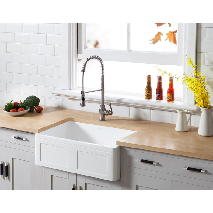 Kingston Arcticstone GKFA301810DS 30-Inch Solid Surface White Stone Apron-Front Single Bowl Farmhouse Kitchen Sink with Strainer, Matte White