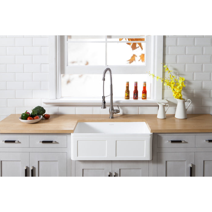 Kingston Arcticstone GKFA301810DS 30-Inch Solid Surface White Stone Apron-Front Single Bowl Farmhouse Kitchen Sink with Strainer, Matte White