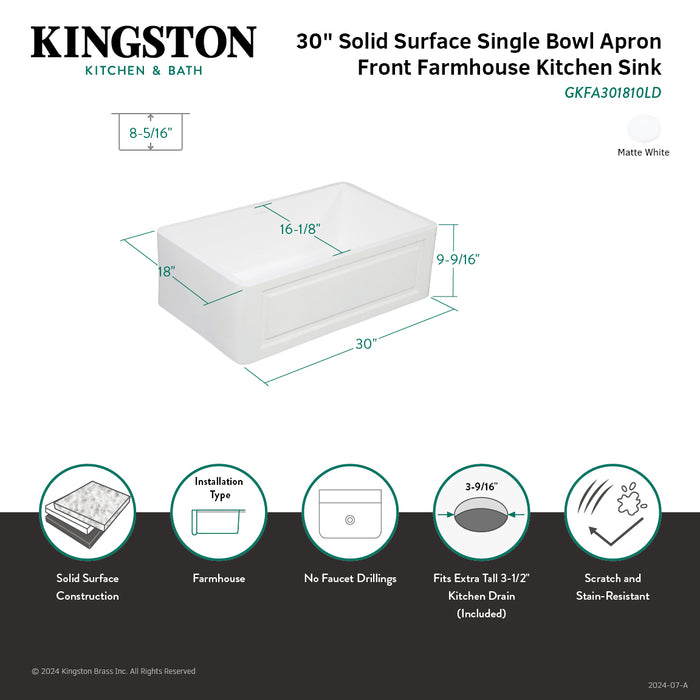 Kingston Arcticstone GKFA301810LD 30-Inch Solid Surface White Stone Apron-Front Single Bowl Farmhouse Kitchen Sink with Strainer, Matte White