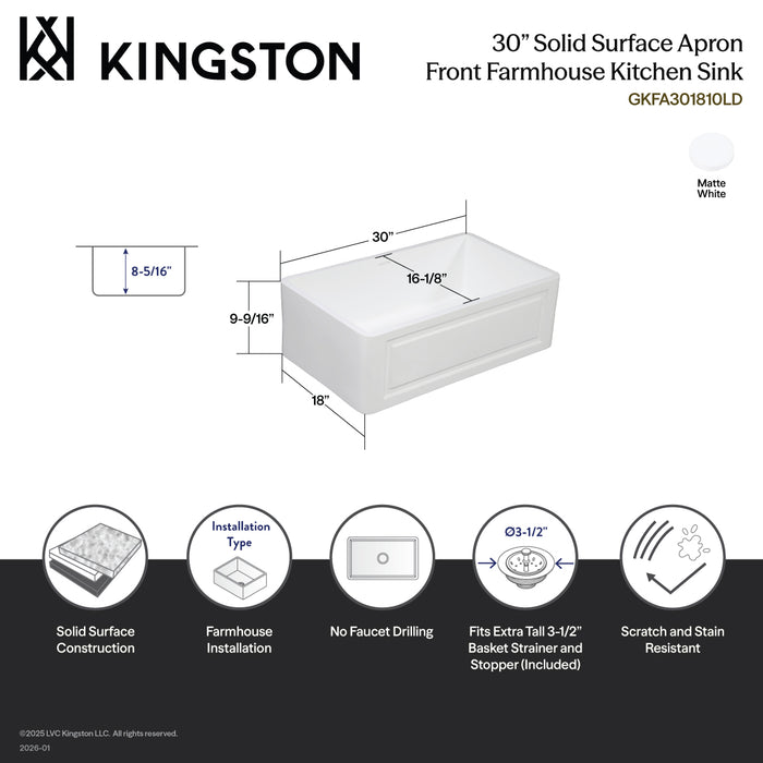 Kingston Arcticstone GKFA301810LD 30-Inch Solid Surface White Stone Apron-Front Single Bowl Farmhouse Kitchen Sink with Strainer, Matte White