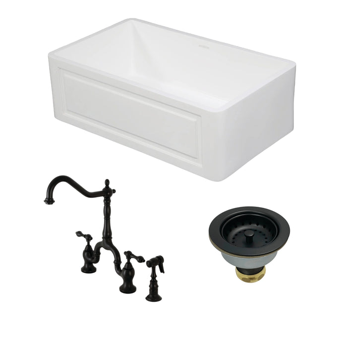 Arcticstone 30-Inch White Stone Single Bowl Farmhouse Kitchen Sink with Deck Mount Bridge Kitchen Faucet with Side Sprayer and Basket Strainer, Matte Black