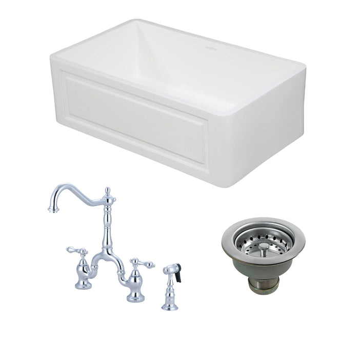 Arcticstone 30-Inch White Stone Single Bowl Farmhouse Kitchen Sink with Deck Mount Bridge Kitchen Faucet with Side Sprayer and Basket Strainer, Polished Chrome