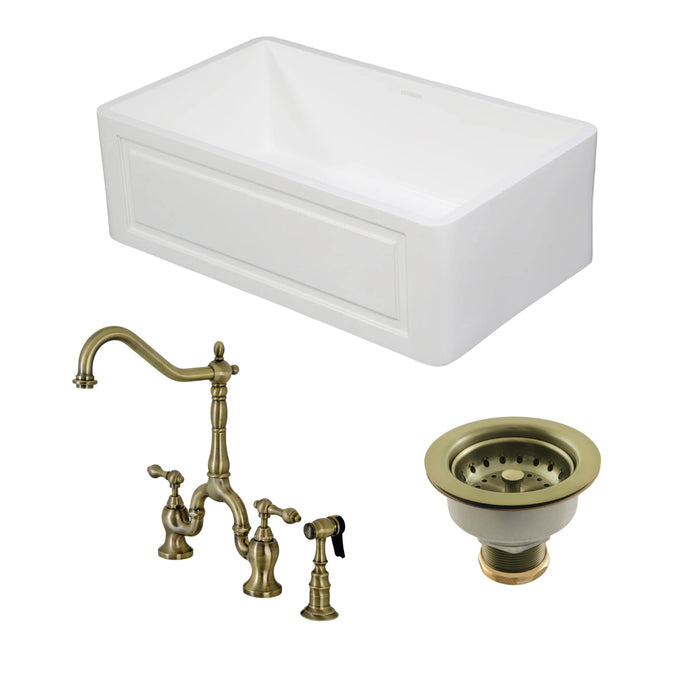 Arcticstone 30-Inch White Stone Single Bowl Farmhouse Kitchen Sink with Deck Mount Bridge Kitchen Faucet with Side Sprayer and Basket Strainer, Antique Brass