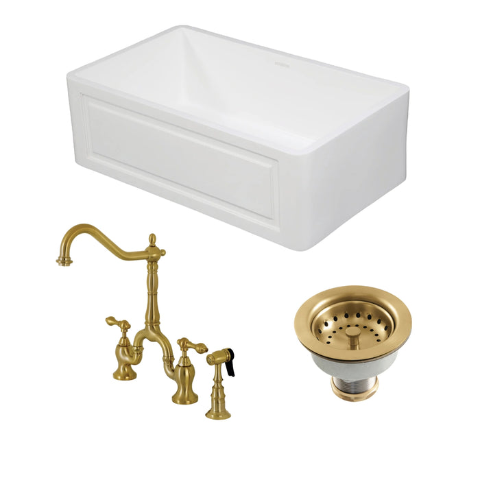 Arcticstone 30-Inch White Stone Single Bowl Farmhouse Kitchen Sink with Deck Mount Bridge Kitchen Faucet with Side Sprayer and Basket Strainer, Brushed Brass