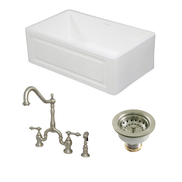 Arcticstone 30-Inch White Stone Single Bowl Farmhouse Kitchen Sink with Deck Mount Bridge Kitchen Faucet with Side Sprayer and Basket Strainer, Brushed Nickel