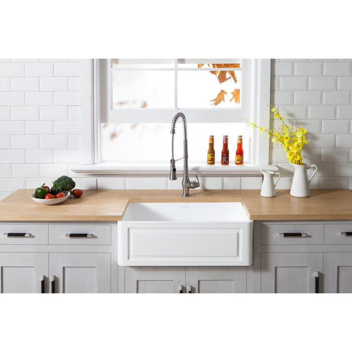 Arcticstone 30-Inch White Stone Single Bowl Farmhouse Kitchen Sink with Deck Mount Bridge Kitchen Faucet with Side Sprayer and Basket Strainer, Brushed Nickel