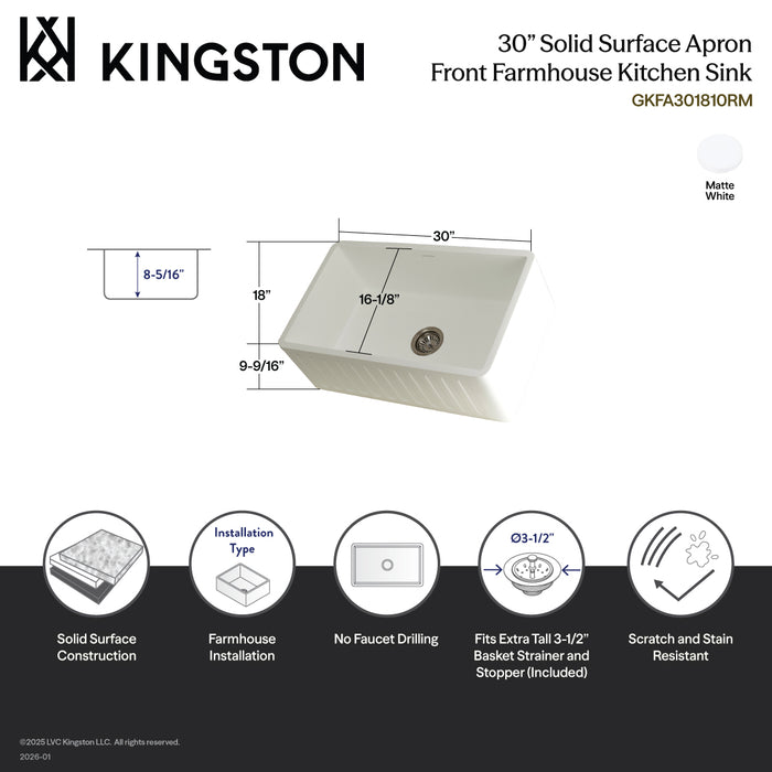 Kingston Arcticstone GKFA301810RM 30-Inch Solid Surface White Stone Apron-Front Single Bowl Farmhouse Kitchen Sink with Strainer, Matte White
