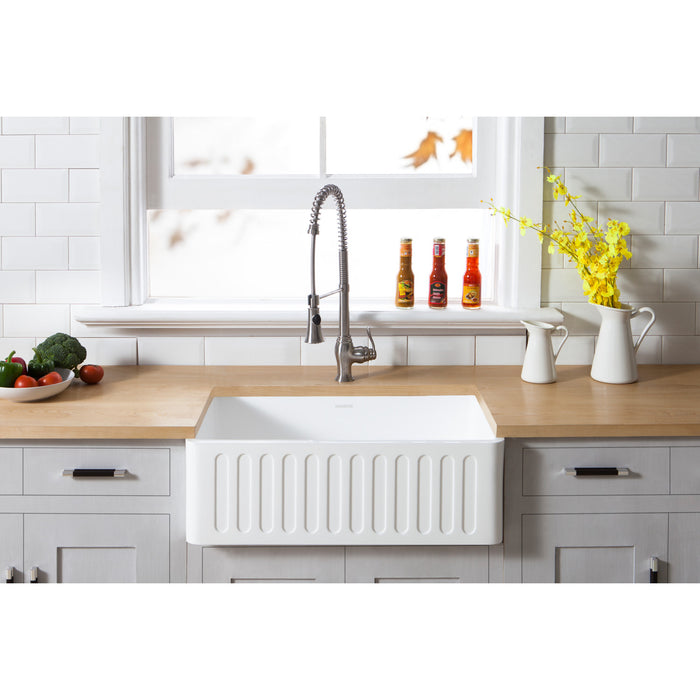 Kingston Arcticstone GKFA301810RM 30-Inch Solid Surface White Stone Apron-Front Single Bowl Farmhouse Kitchen Sink with Strainer, Matte White