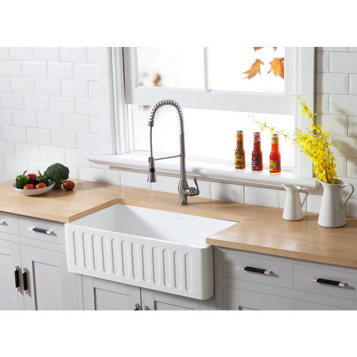Kingston Arcticstone GKFA301810RM 30-Inch Solid Surface White Stone Apron-Front Single Bowl Farmhouse Kitchen Sink with Strainer, Matte White