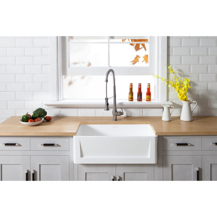 Kingston Arcticstone GKFA301810SQ 30-Inch Solid Surface White Stone Apron-Front Single Bowl Farmhouse Kitchen Sink with Strainer, Matte White