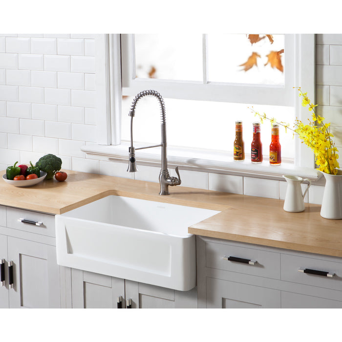 Kingston Arcticstone GKFA301810SQ 30-Inch Solid Surface White Stone Apron-Front Single Bowl Farmhouse Kitchen Sink with Strainer, Matte White