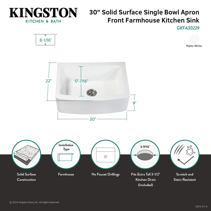 Arcticstone GKFA30229 30-Inch Solid Surface White Stone Apron-Front Single Bowl Farmhouse Kitchen Sink with Strainer, Matte White