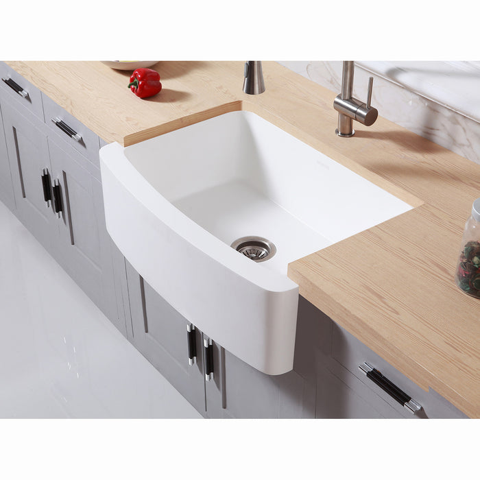 Arcticstone GKFA30229 30-Inch Solid Surface White Stone Apron-Front Single Bowl Farmhouse Kitchen Sink with Strainer, Matte White
