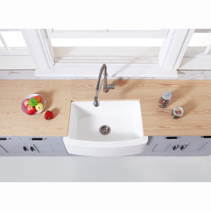 Arcticstone GKFA30229 30-Inch Solid Surface White Stone Apron-Front Single Bowl Farmhouse Kitchen Sink with Strainer, Matte White