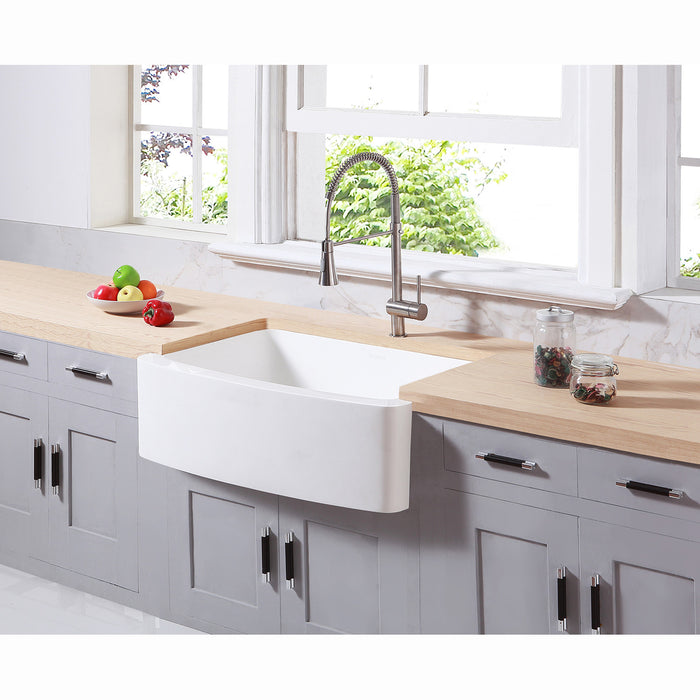 Kingston Tulare GKFA30229 - Arcticstone 30-Inch Solid Surface White Stone Apron-Front Single Bowl Farmhouse Kitchen Sink with Strainer, Matte White