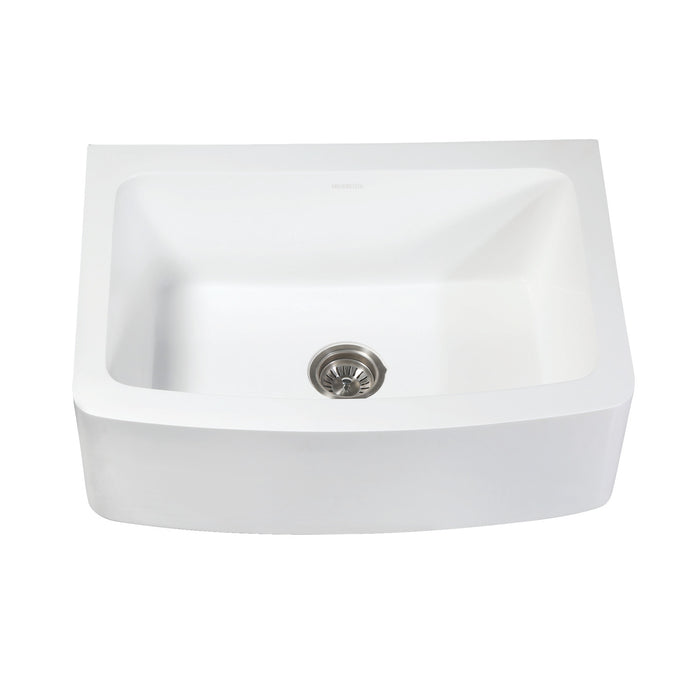 Kingston Tulare GKFA30229 - Arcticstone 30-Inch Solid Surface White Stone Apron-Front Single Bowl Farmhouse Kitchen Sink with Strainer, Matte White