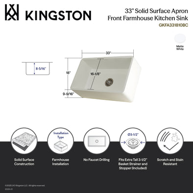Kingston Tulare GKFA331810BC - Arcticstone 33-Inch Solid Surface White
