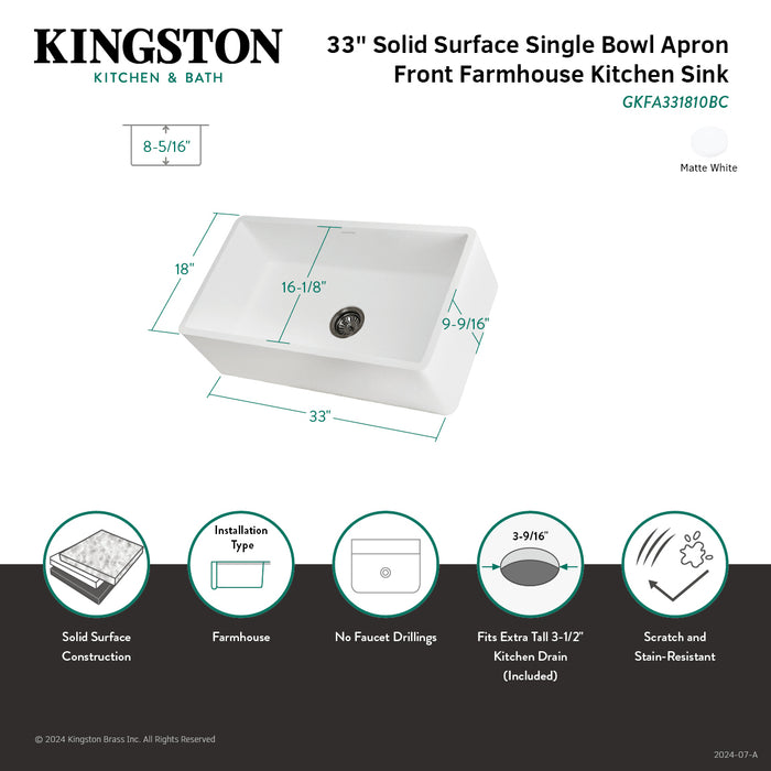 Arcticstone GKFA331810BC 33-Inch Solid Surface White Stone Apron-Front Single Bowl Farmhouse Kitchen Sink with Strainer, Matte White