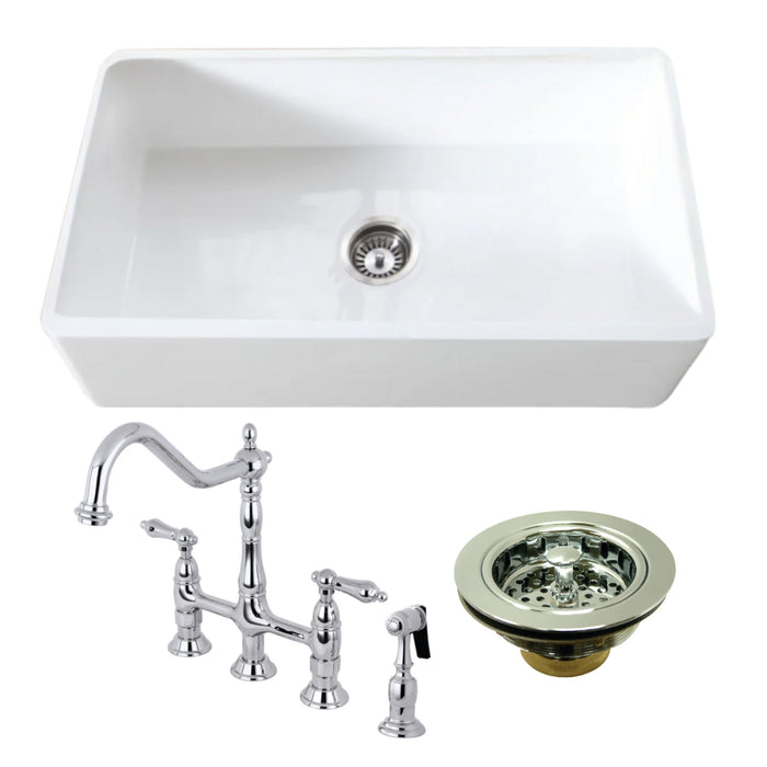 Arcticstone 33-Inch White Stone Single Bowl Farmhouse Kitchen Sink with Deck Mount Bridge Kitchen Faucet with Brass Side Sprayer and Basket Strainer, Polished Chrome