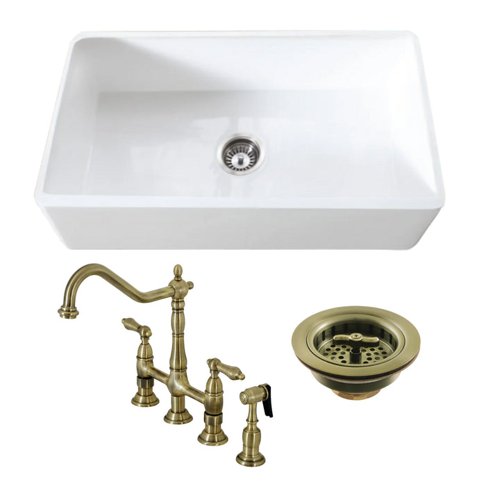 Arcticstone 33-Inch White Stone Single Bowl Farmhouse Kitchen Sink with Deck Mount Bridge Kitchen Faucet with Brass Side Sprayer and Basket Strainer, Antique Brass