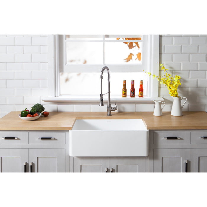 Arcticstone GKFA331810BC 33-Inch Solid Surface White Stone Apron-Front Single Bowl Farmhouse Kitchen Sink with Strainer, Matte White