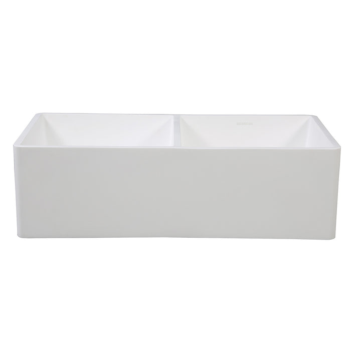 Kingston Arcticstone GKFA331810BCD 33-Inch Solid Surface White Stone Apron-Front Double Bowl Farmhouse Kitchen Sink with Strainers x 2, Matte White