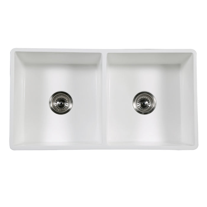 Kingston Arcticstone GKFA331810BCD 33-Inch Solid Surface White Stone Apron-Front Double Bowl Farmhouse Kitchen Sink with Strainers x 2, Matte White
