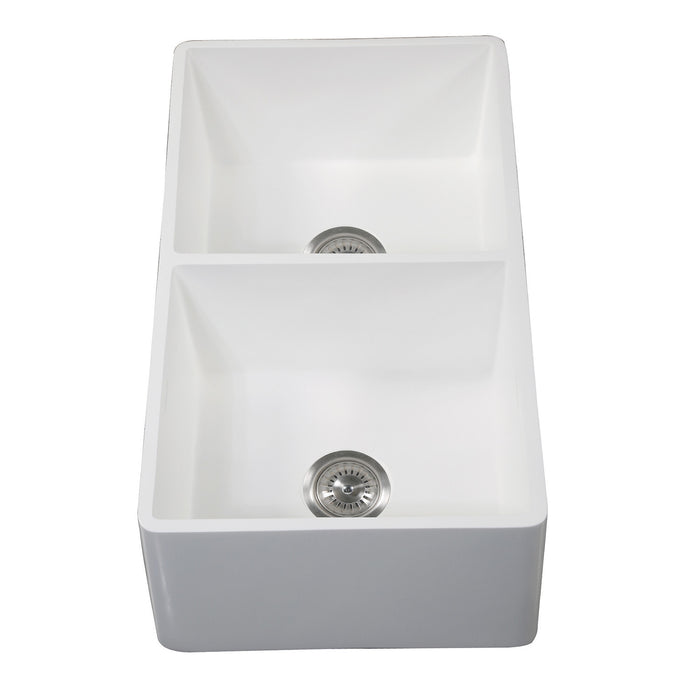 Kingston Arcticstone GKFA331810BCD 33-Inch Solid Surface White Stone Apron-Front Double Bowl Farmhouse Kitchen Sink with Strainers x 2, Matte White
